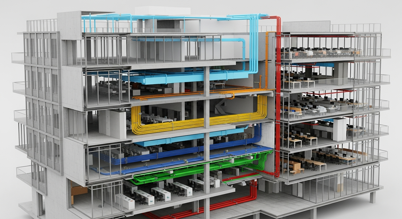 High precision 3D BIM model showing cross-discipline MEP and structure coordination